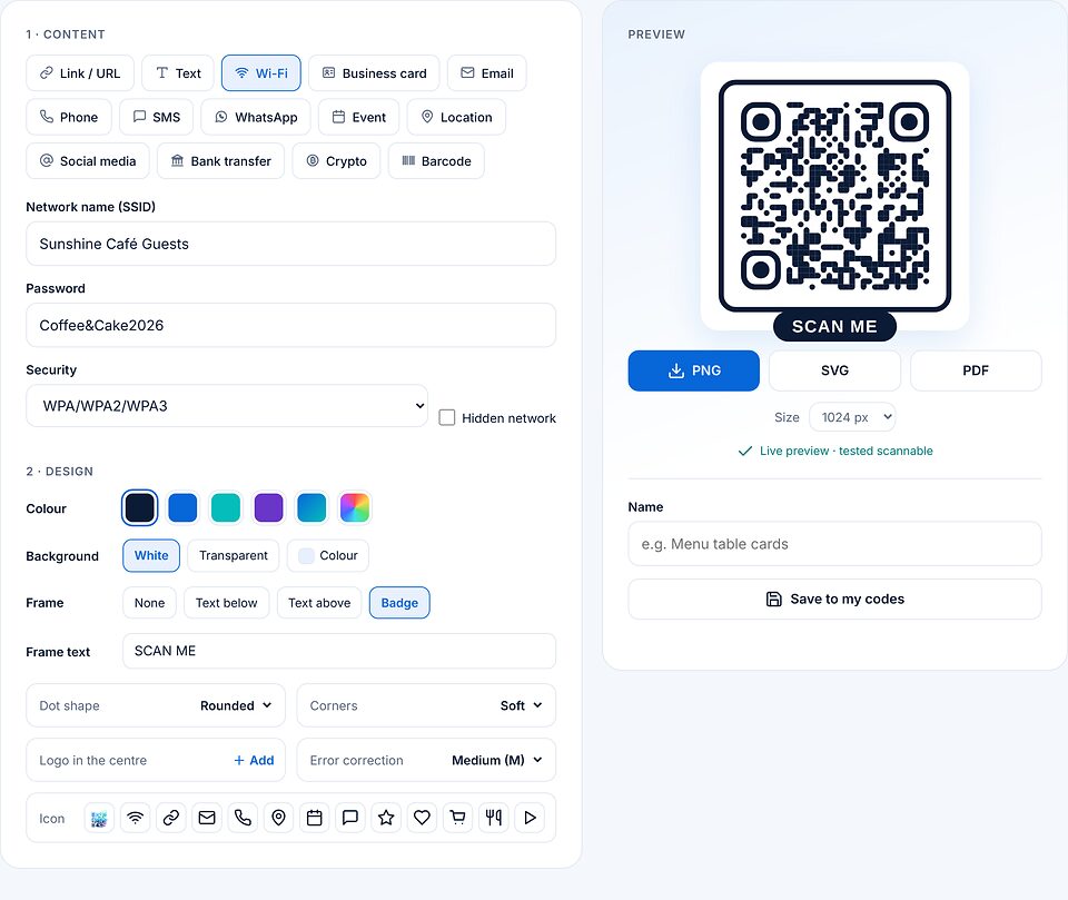 Wi-Fi کوڈ: نیٹ ورک کا نام Sunshine Café Guests، پاس ورڈ اور انکرپشن WPA/WPA2/WPA3، SCAN ME کے ساتھ Badge فریم۔